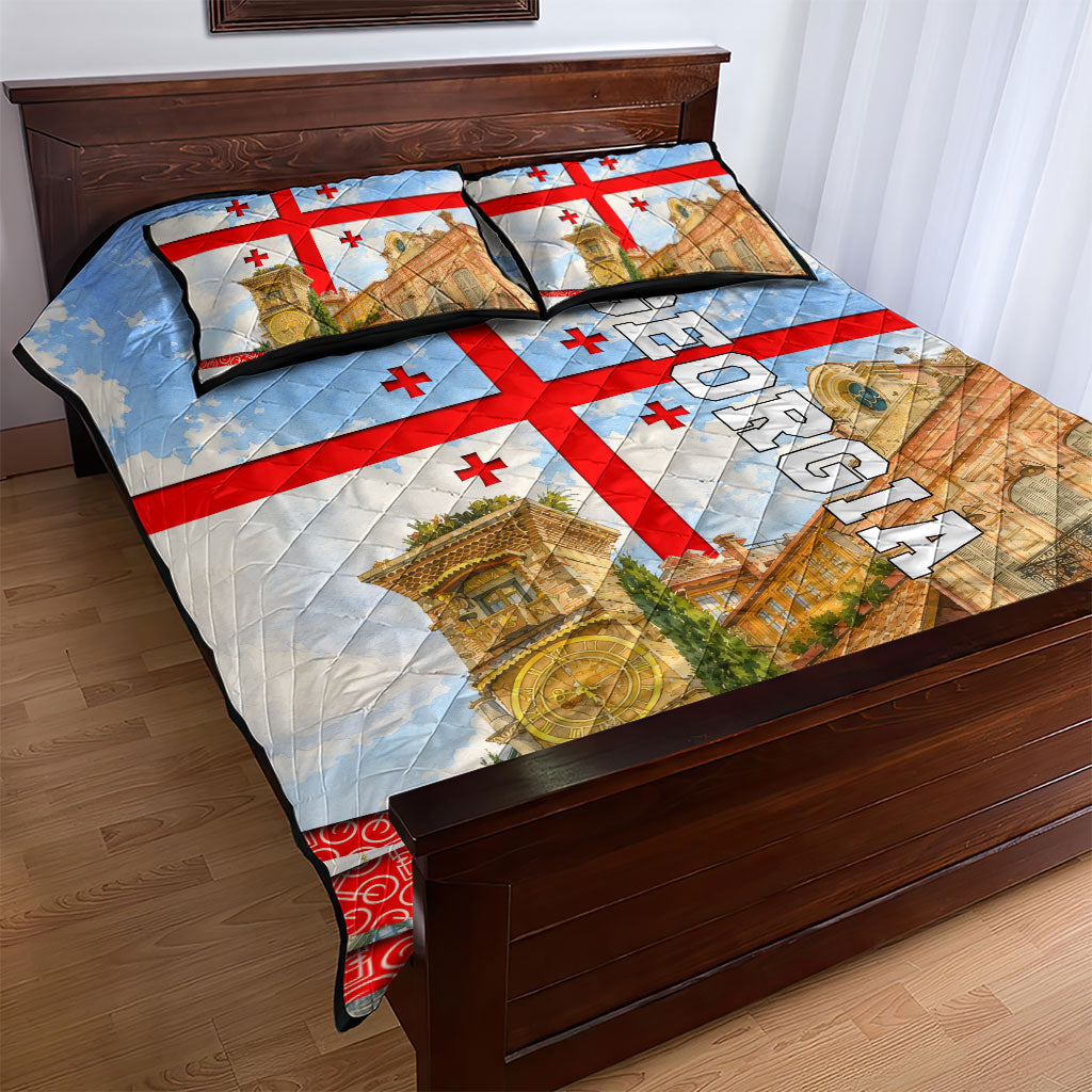 Georgia National Flag Quilt Bed Set Tbilisi Clock Tower Heritage Sky Art