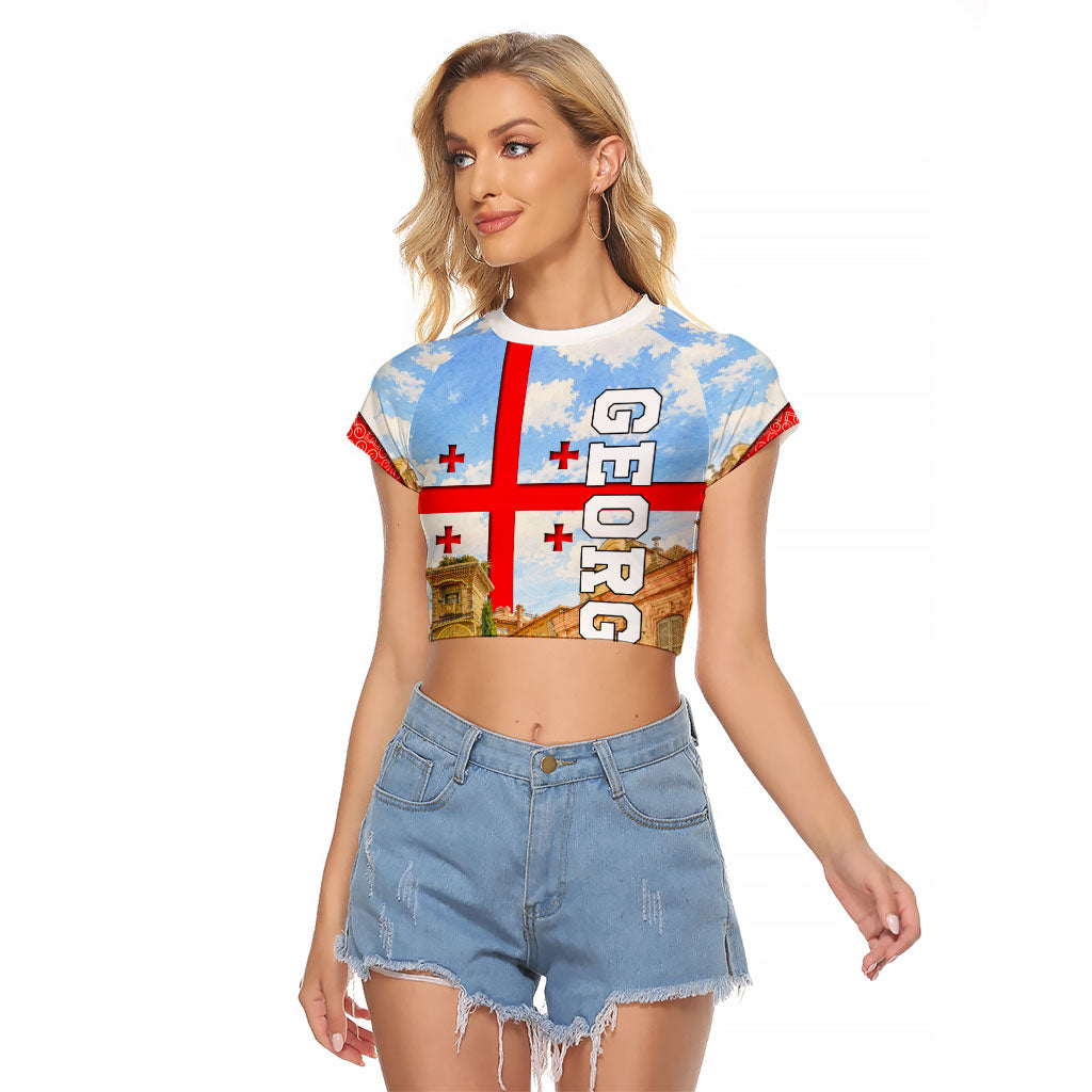Georgia National Flag Raglan Cropped T Shirt Tbilisi Clock Tower Heritage Sky Art