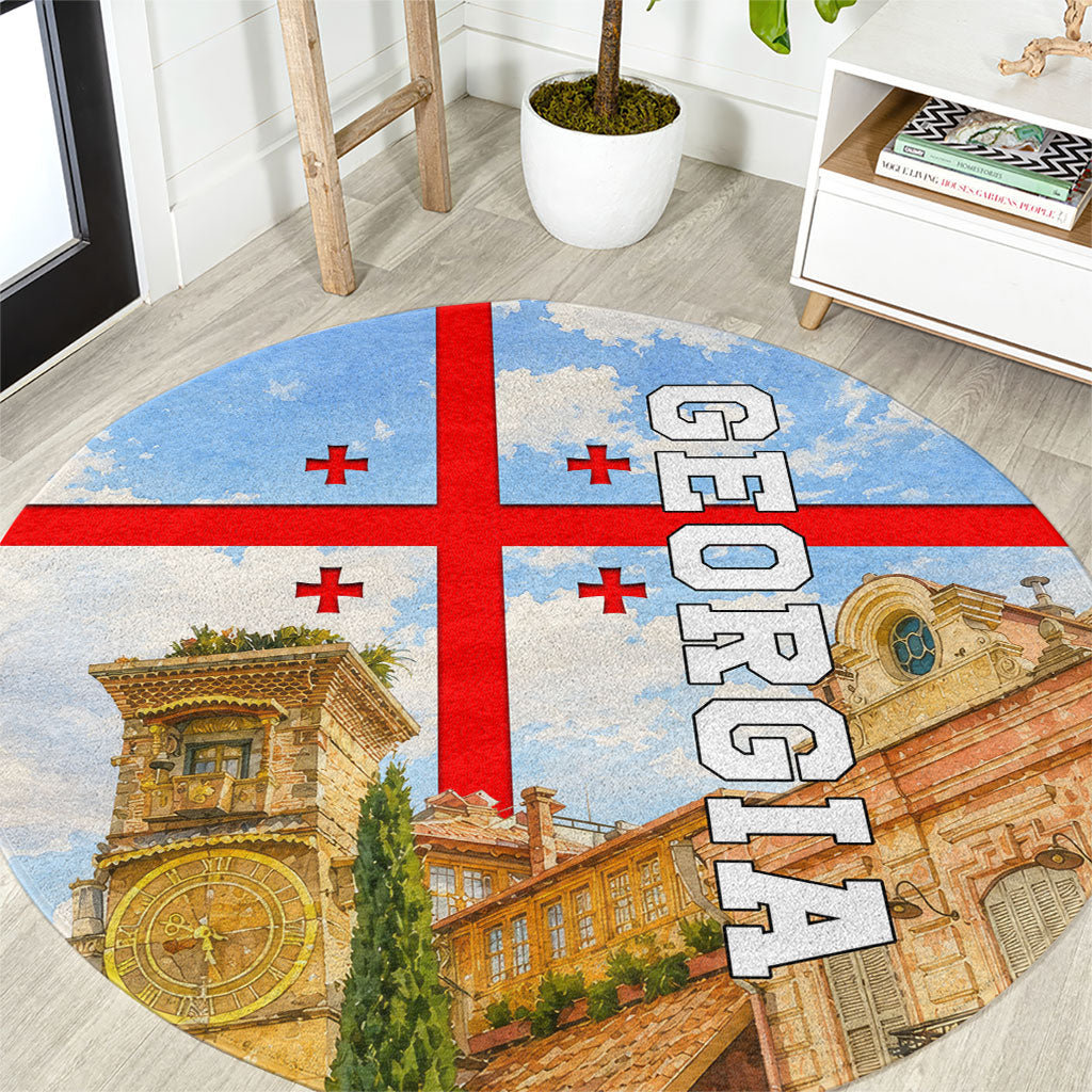Georgia National Flag Round Carpet Tbilisi Clock Tower Heritage Sky Art