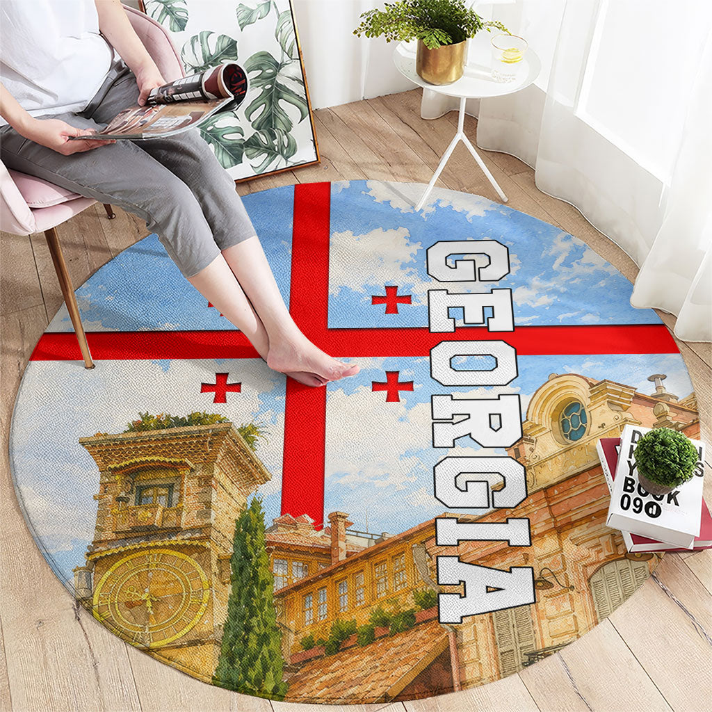 Georgia National Flag Round Carpet Tbilisi Clock Tower Heritage Sky Art