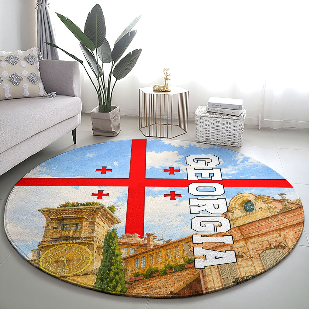 Georgia National Flag Round Carpet Tbilisi Clock Tower Heritage Sky Art