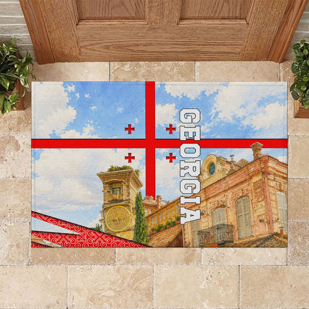 Georgia National Flag Rubber Doormat Tbilisi Clock Tower Heritage Sky Art