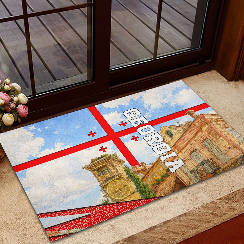 Georgia National Flag Rubber Doormat Tbilisi Clock Tower Heritage Sky Art