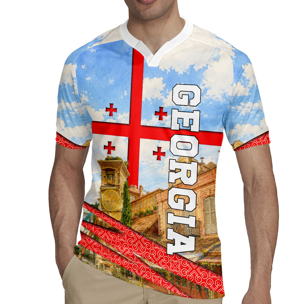 Georgia National Flag Rugby Jersey Tbilisi Clock Tower Heritage Sky Art