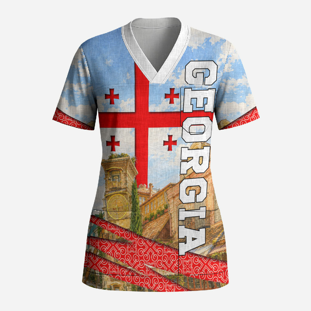 Georgia National Flag Scrub Top Tbilisi Clock Tower Heritage Sky Art