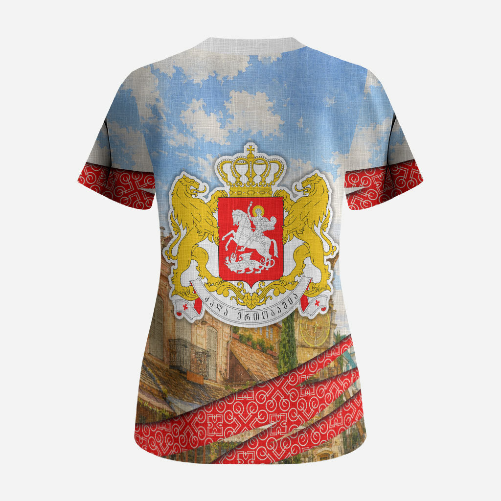 Georgia National Flag Scrub Top Tbilisi Clock Tower Heritage Sky Art
