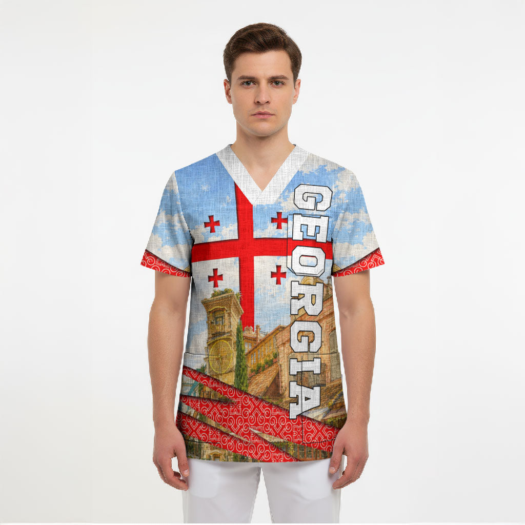 Georgia National Flag Scrub Top Tbilisi Clock Tower Heritage Sky Art