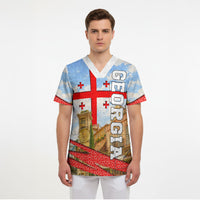 Georgia National Flag Scrub Top Tbilisi Clock Tower Heritage Sky Art