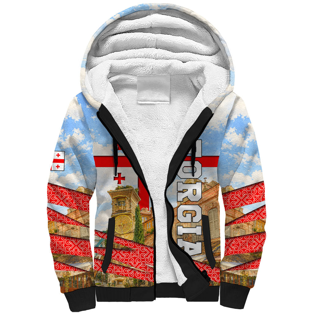Georgia National Flag Sherpa Hoodie Tbilisi Clock Tower Heritage Sky Art