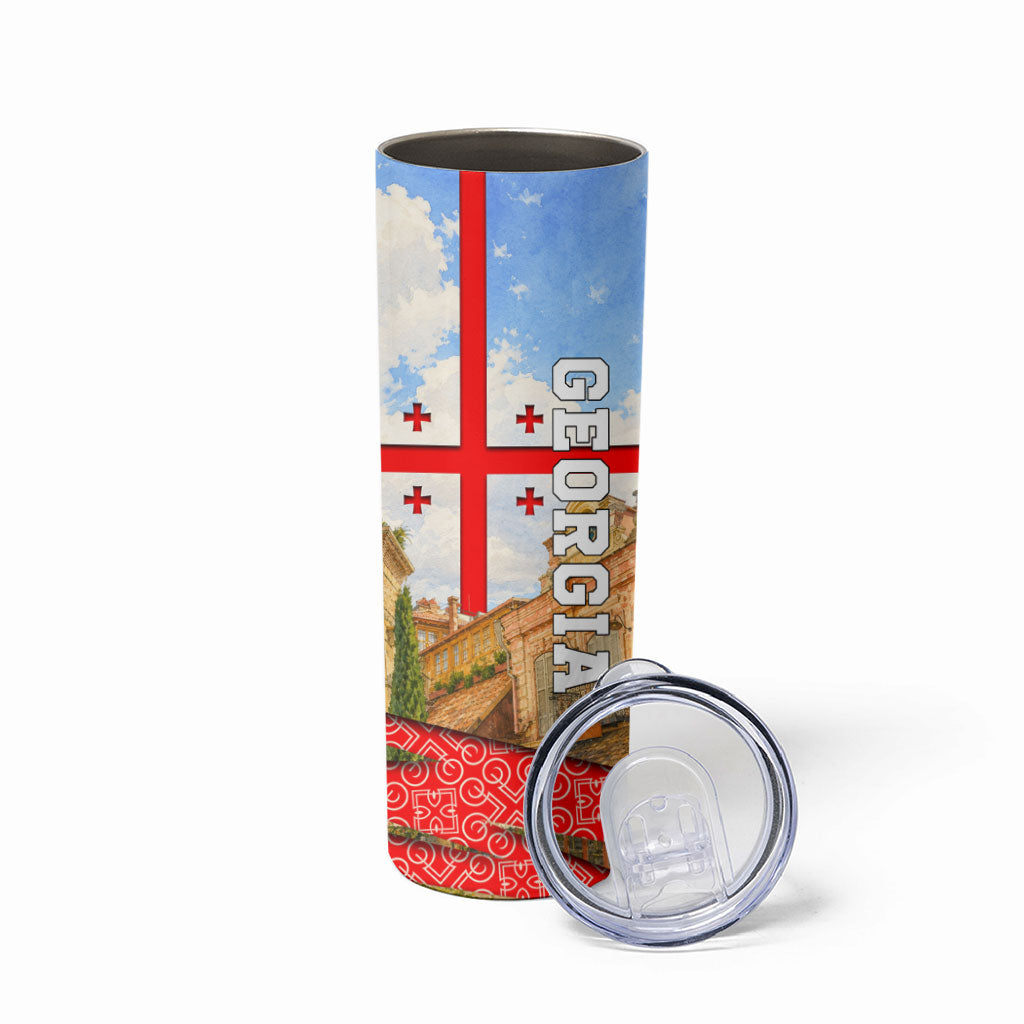Georgia National Flag Skinny Tumbler Tbilisi Clock Tower Heritage Sky Art