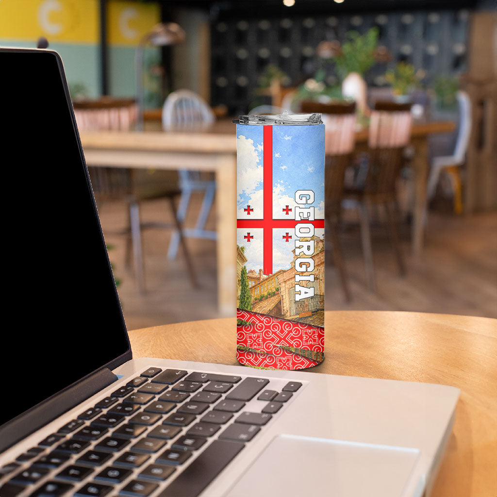 Georgia National Flag Skinny Tumbler Tbilisi Clock Tower Heritage Sky Art