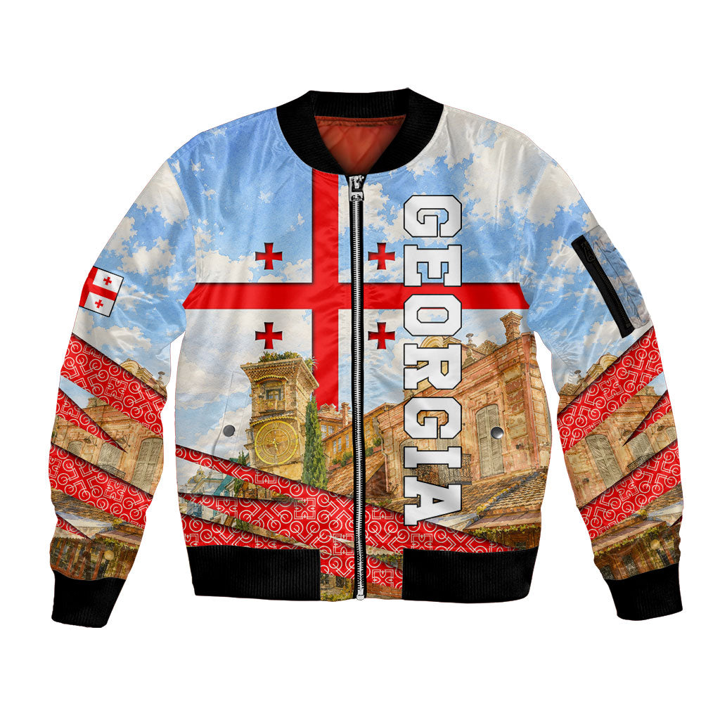 Georgia National Flag Sleeve Zip Bomber Jacket Tbilisi Clock Tower Heritage Sky Art