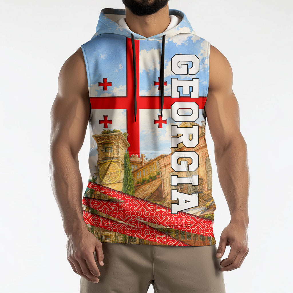 Georgia National Flag Sleeveless Hoodie Tbilisi Clock Tower Heritage Sky Art