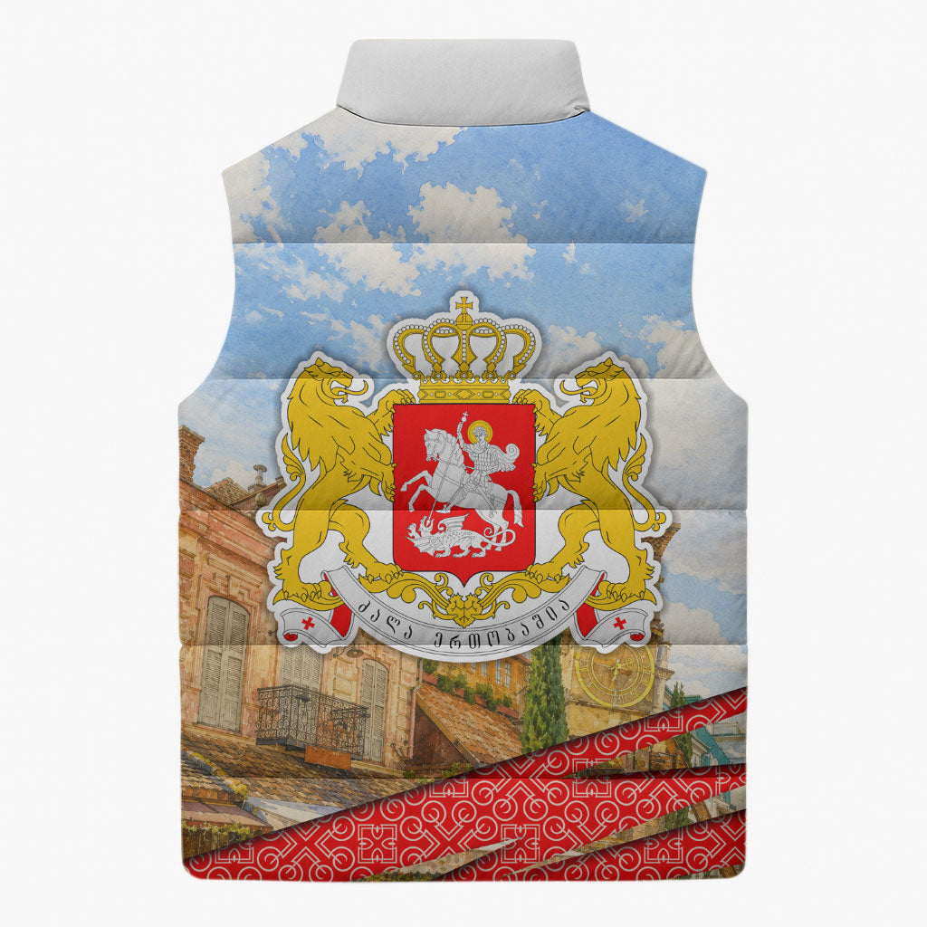 Georgia National Flag Sleeveless Puffer Jacket Tbilisi Clock Tower Heritage Sky Art