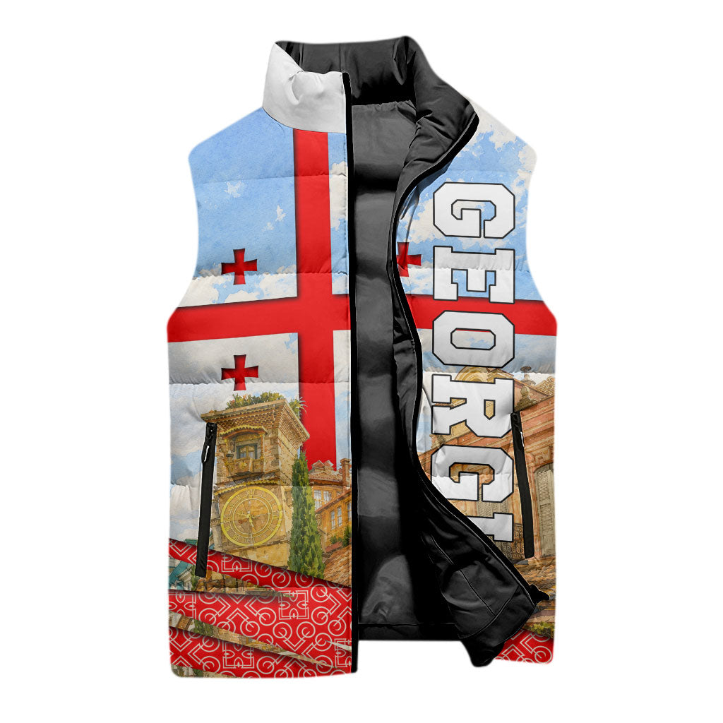 Georgia National Flag Sleeveless Puffer Jacket Tbilisi Clock Tower Heritage Sky Art