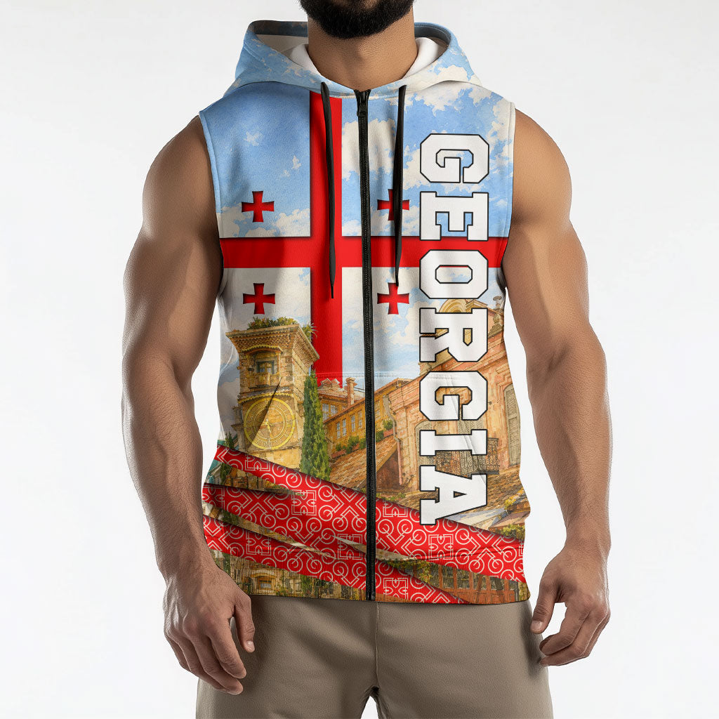 Georgia National Flag Sleeveless Zip Hoodie Tbilisi Clock Tower Heritage Sky Art