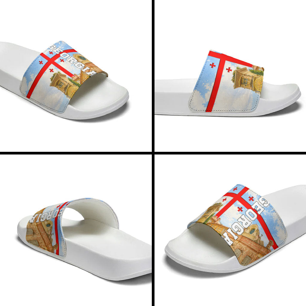 Georgia National Flag Slide Sandals Tbilisi Clock Tower Heritage Sky Art