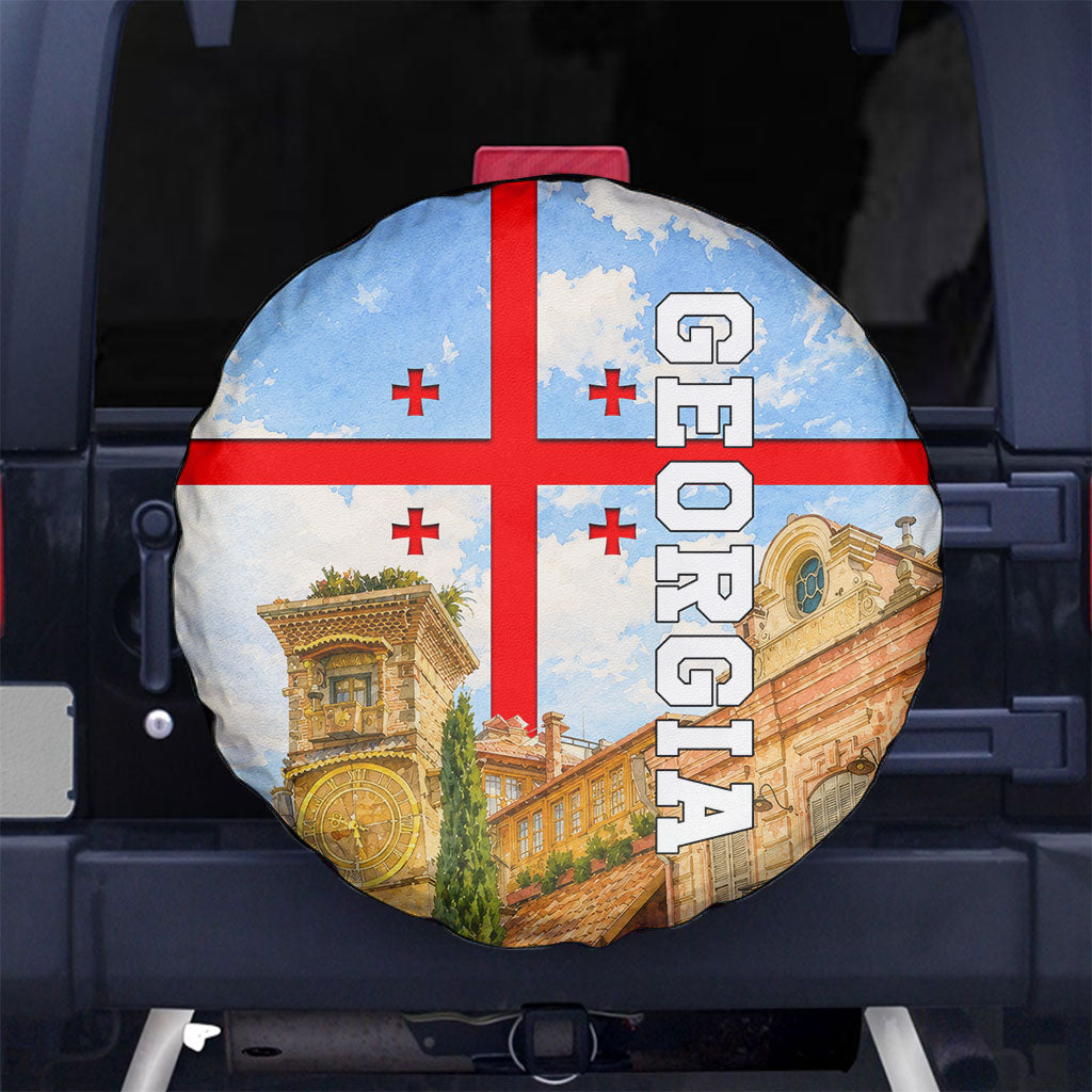 Georgia National Flag Spare Tire Cover Tbilisi Clock Tower Heritage Sky Art
