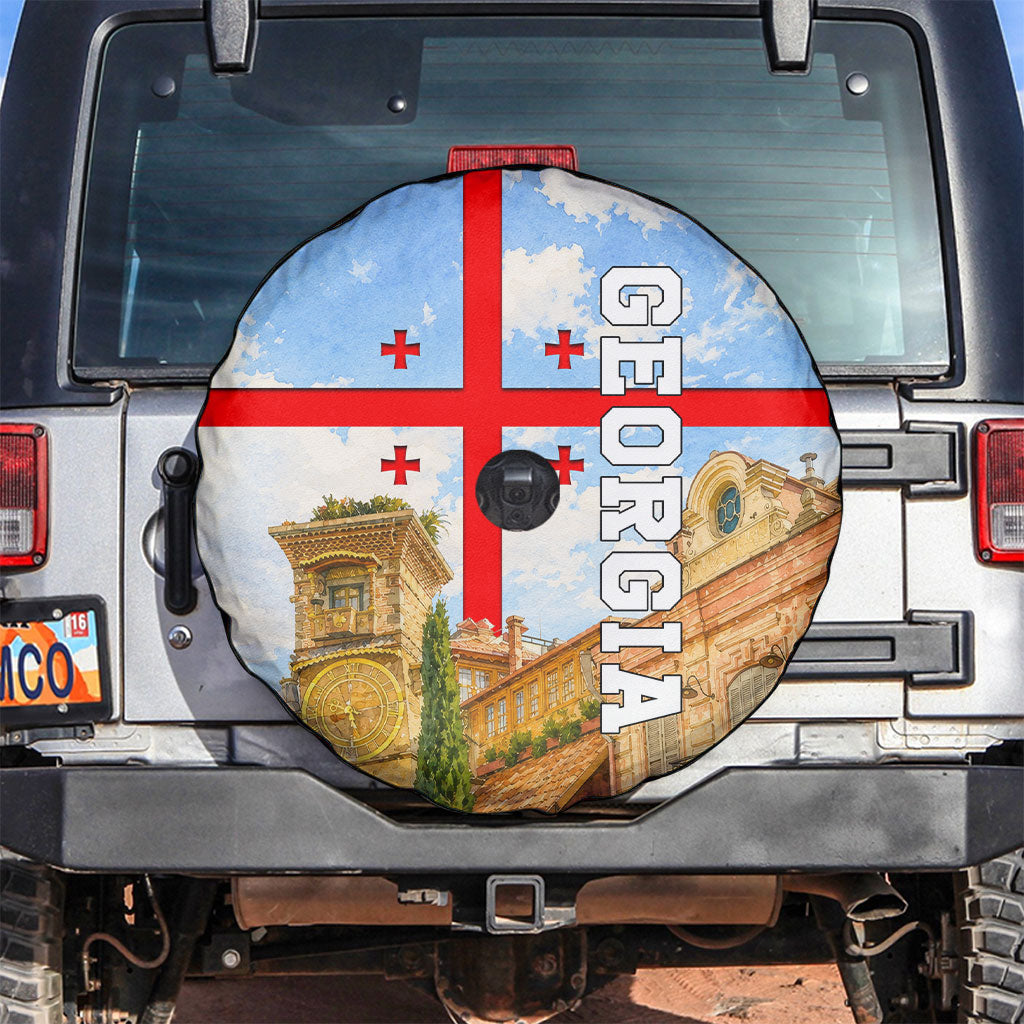 Georgia National Flag Spare Tire Cover Tbilisi Clock Tower Heritage Sky Art