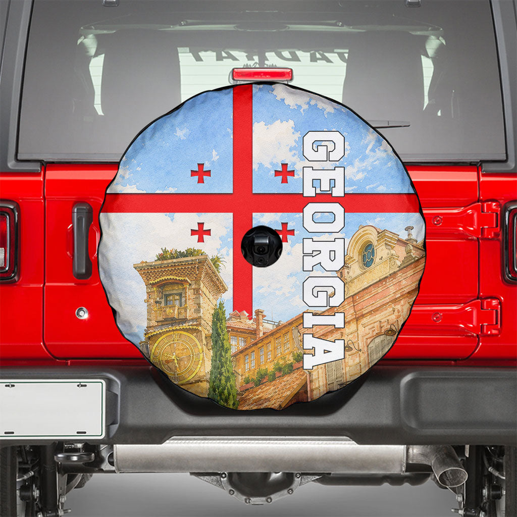 Georgia National Flag Spare Tire Cover Tbilisi Clock Tower Heritage Sky Art