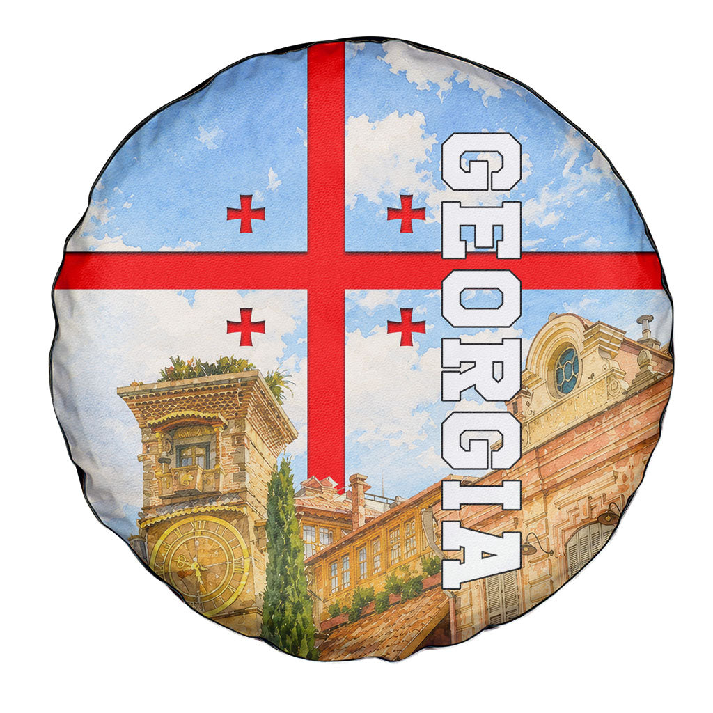 Georgia National Flag Spare Tire Cover Tbilisi Clock Tower Heritage Sky Art