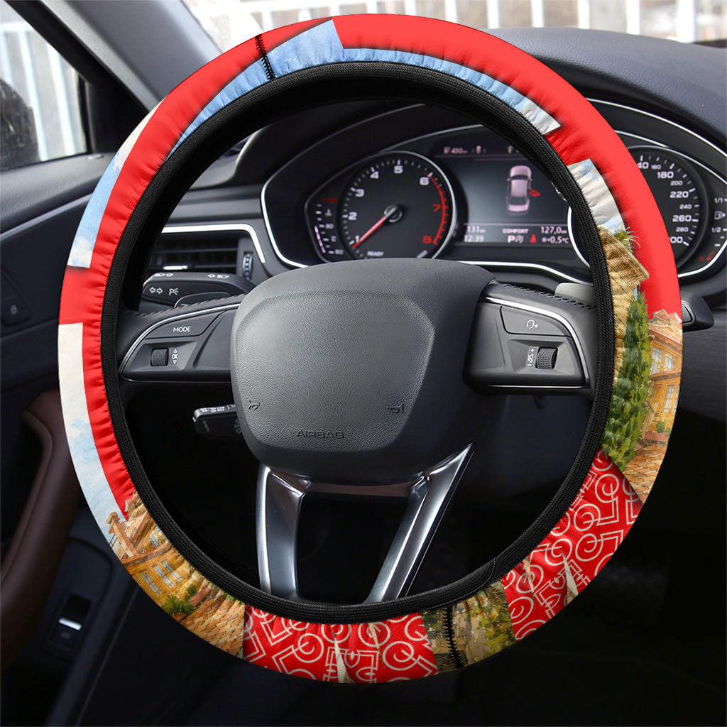 Georgia National Flag Steering Wheel Cover Tbilisi Clock Tower Heritage Sky Art