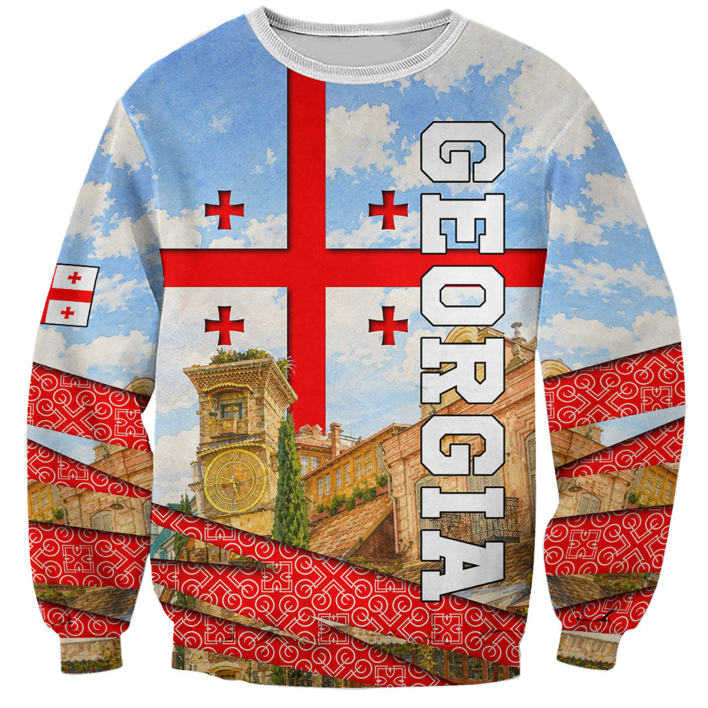 Georgia National Flag Sweatshirt Tbilisi Clock Tower Heritage Sky Art