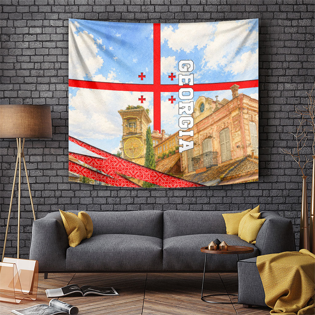 Georgia National Flag Tapestry Tbilisi Clock Tower Heritage Sky Art
