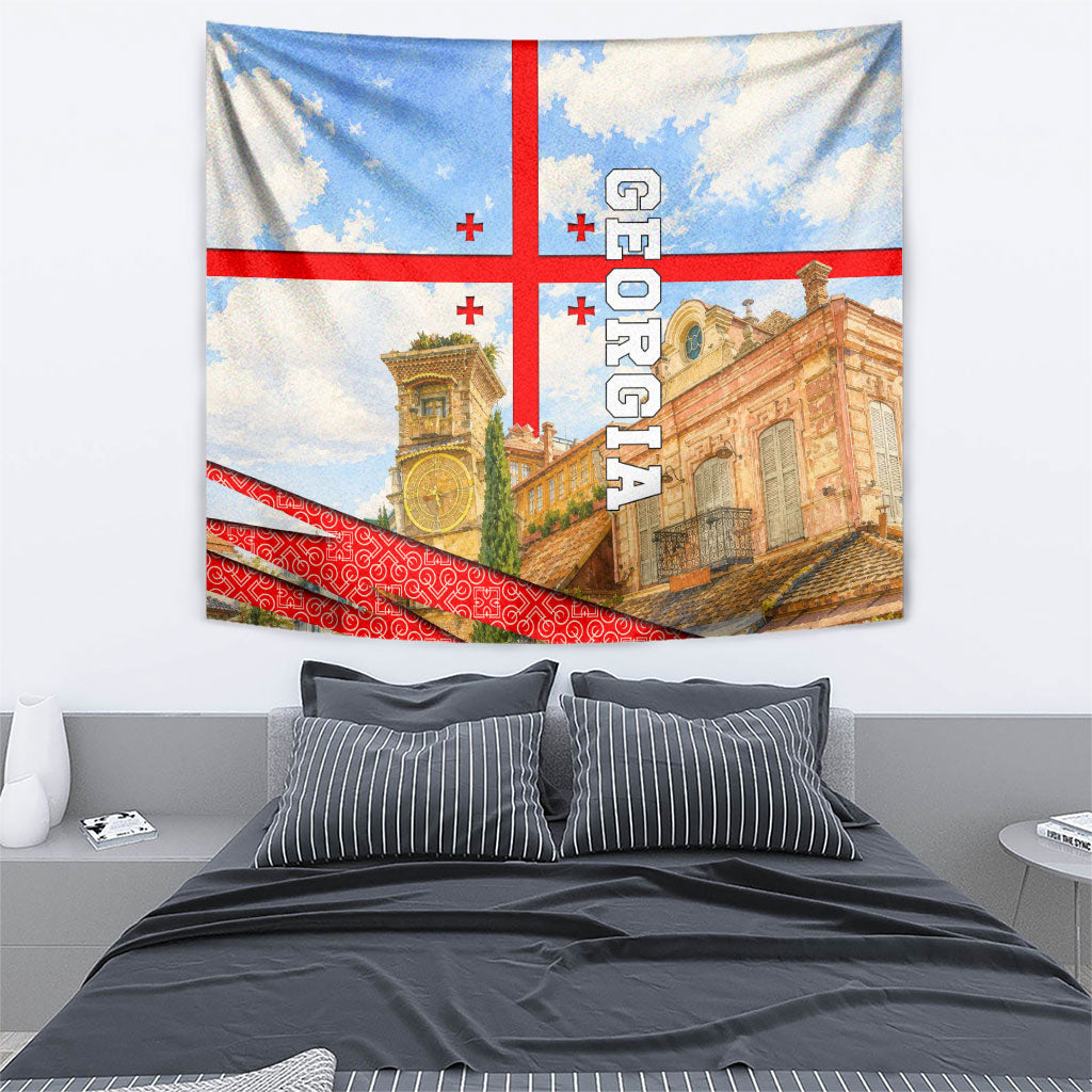 Georgia National Flag Tapestry Tbilisi Clock Tower Heritage Sky Art