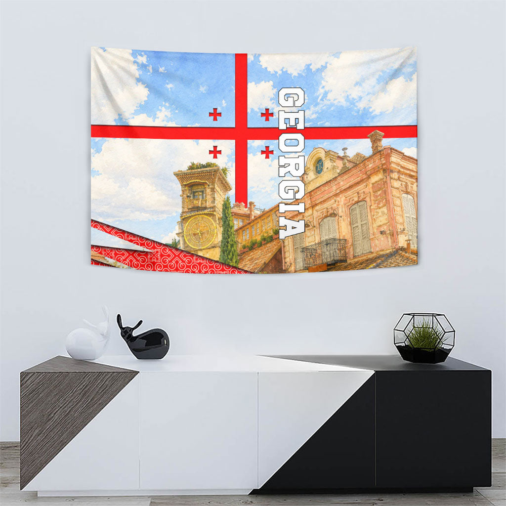 Georgia National Flag Tapestry Tbilisi Clock Tower Heritage Sky Art