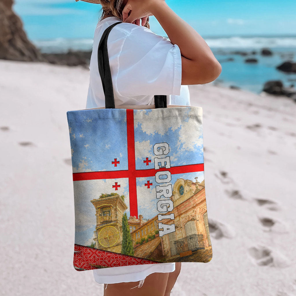 Georgia National Flag Tote Bag Tbilisi Clock Tower Heritage Sky Art