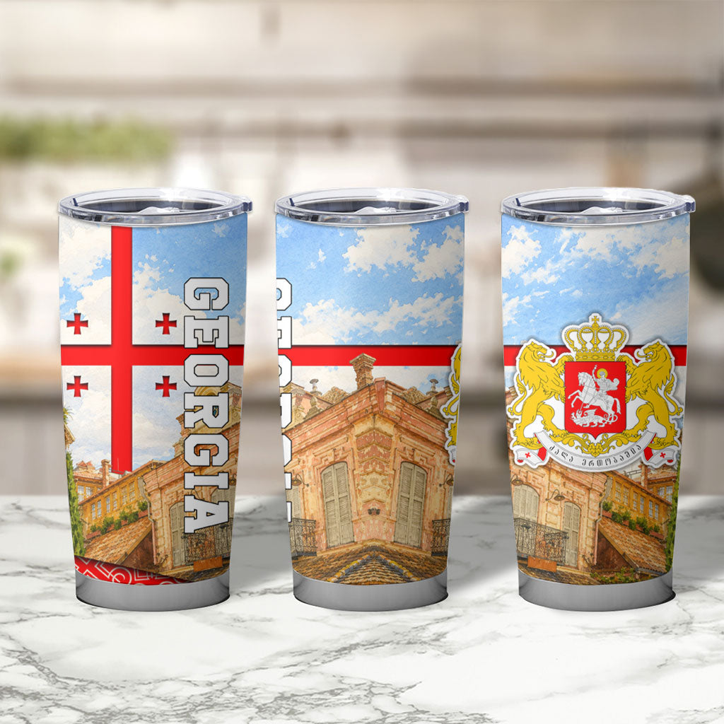 Georgia National Flag Tumbler Cup Tbilisi Clock Tower Heritage Sky Art