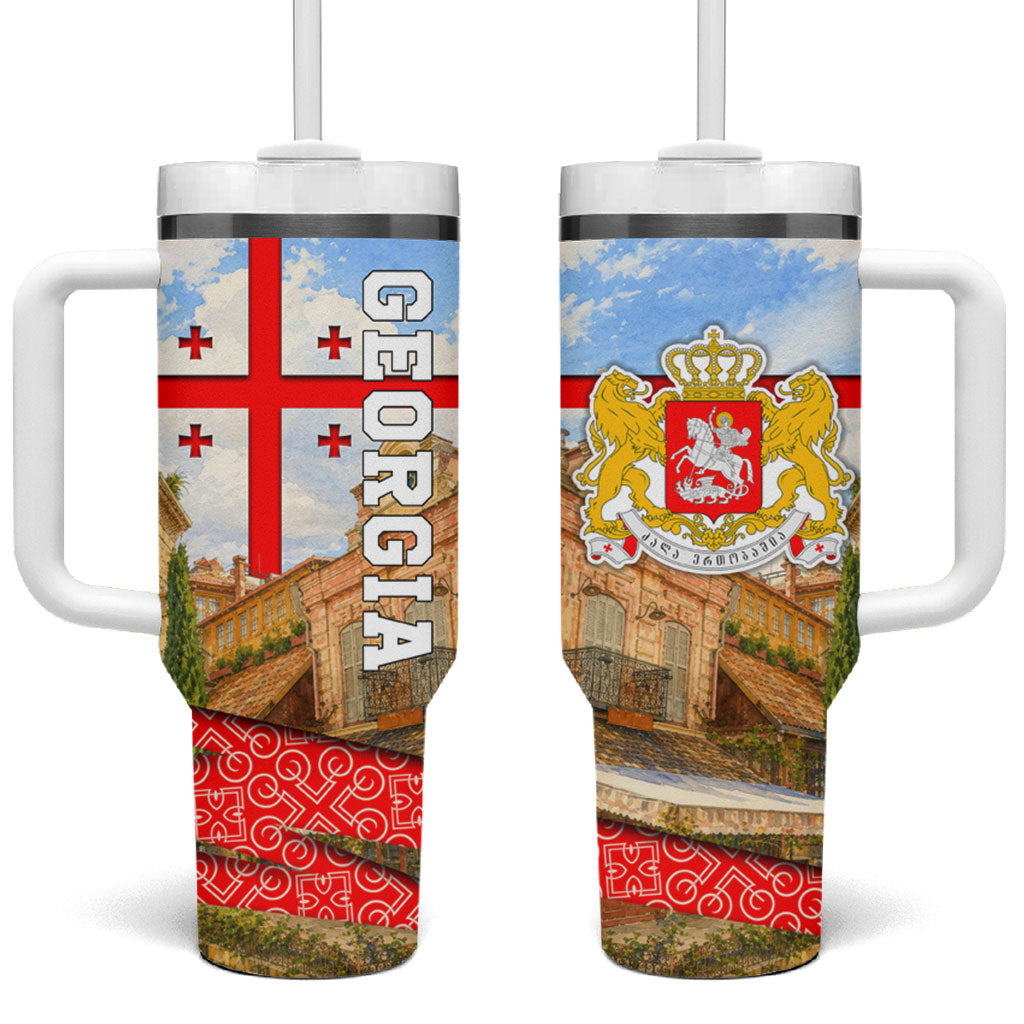 Georgia National Flag Tumbler With Handle Tbilisi Clock Tower Heritage Sky Art