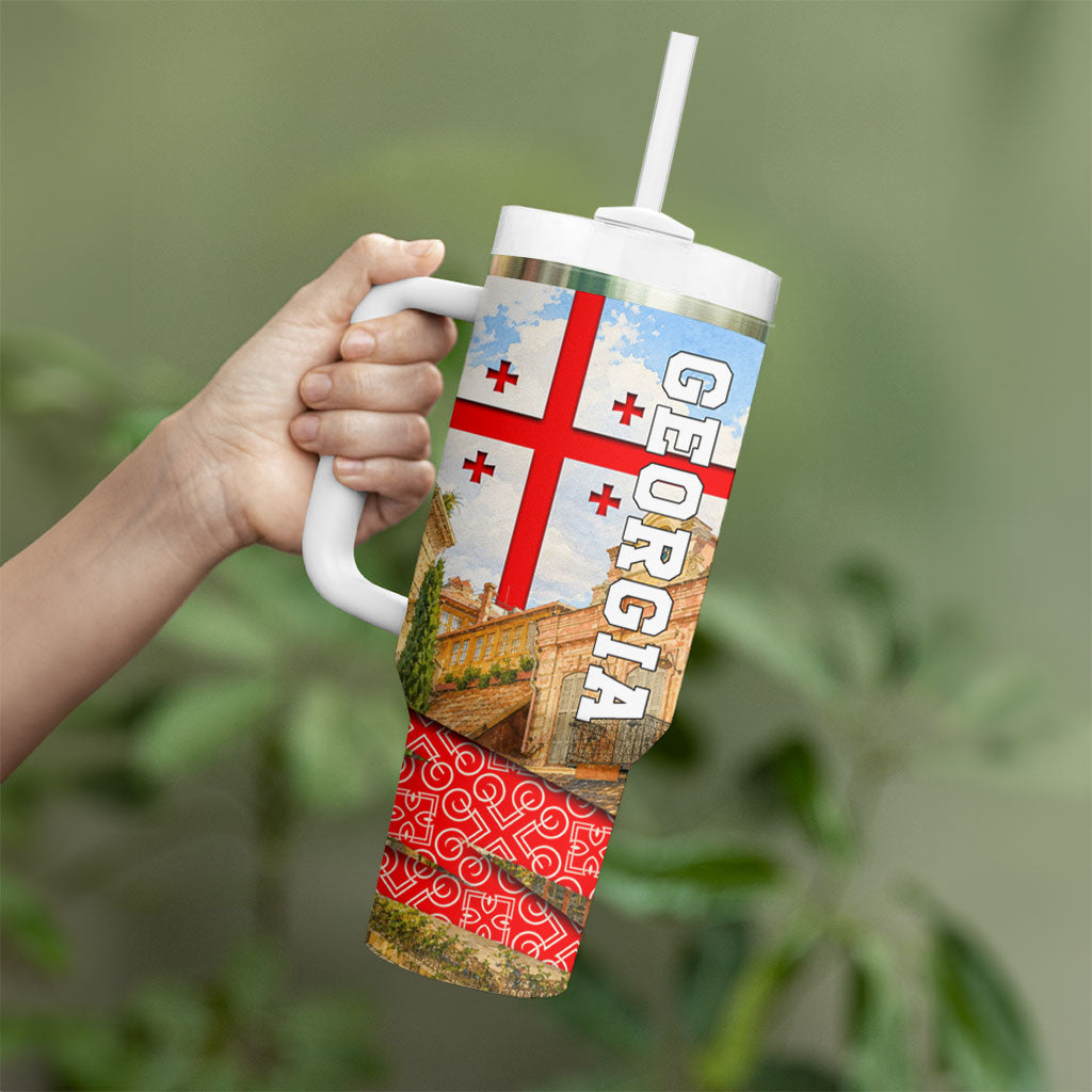 Georgia National Flag Tumbler With Handle Tbilisi Clock Tower Heritage Sky Art
