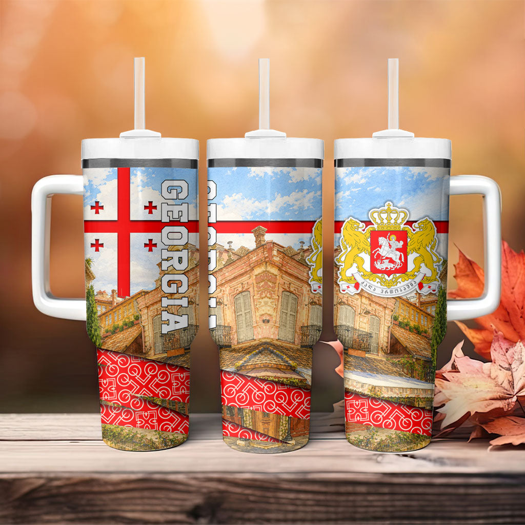 Georgia National Flag Tumbler With Handle Tbilisi Clock Tower Heritage Sky Art