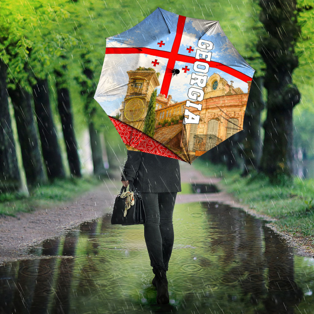 Georgia National Flag Umbrella Tbilisi Clock Tower Heritage Sky Art