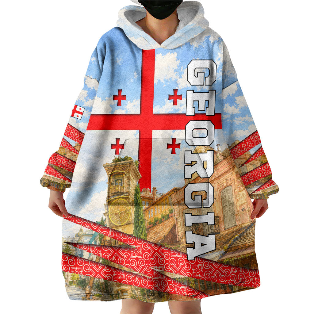 Georgia National Flag Wearable Blanket Hoodie Tbilisi Clock Tower Heritage Sky Art