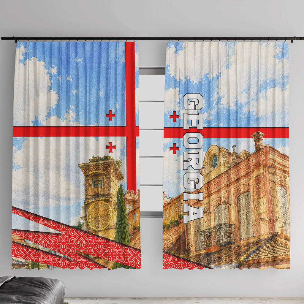 Georgia National Flag Window Curtain Tbilisi Clock Tower Heritage Sky Art