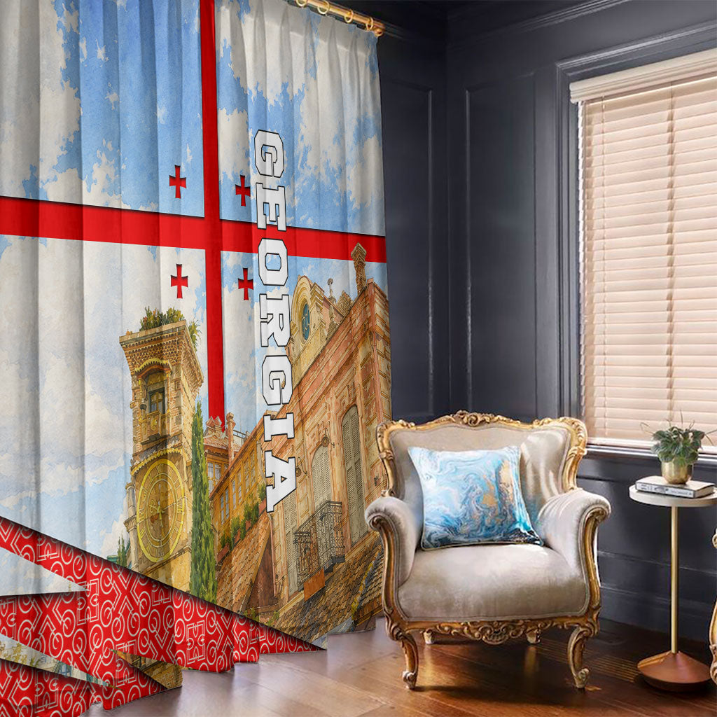 Georgia National Flag Window Curtain Tbilisi Clock Tower Heritage Sky Art