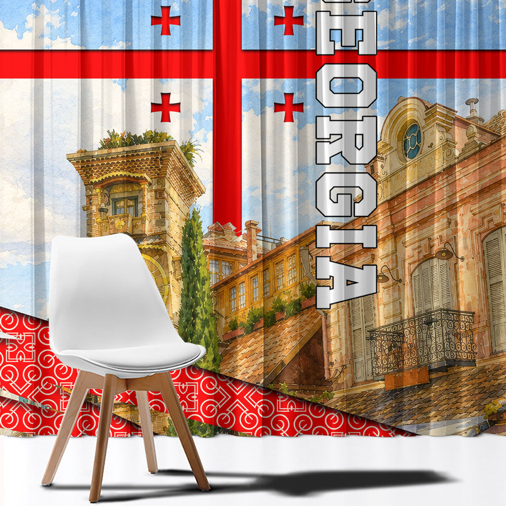 Georgia National Flag Window Curtain Tbilisi Clock Tower Heritage Sky Art