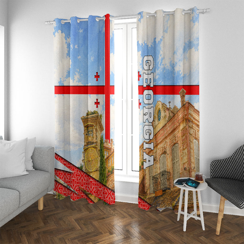 Georgia National Flag Window Curtain Tbilisi Clock Tower Heritage Sky Art
