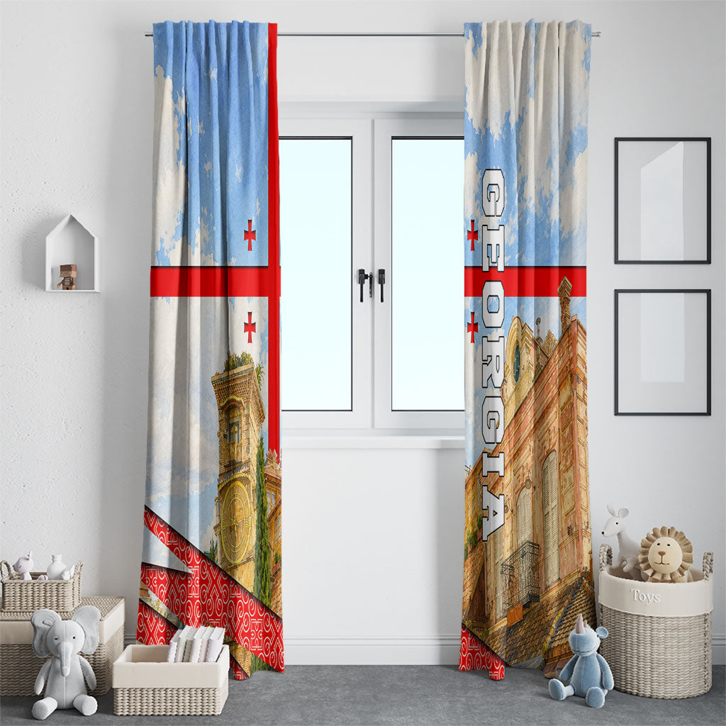 Georgia National Flag Window Curtain Tbilisi Clock Tower Heritage Sky Art