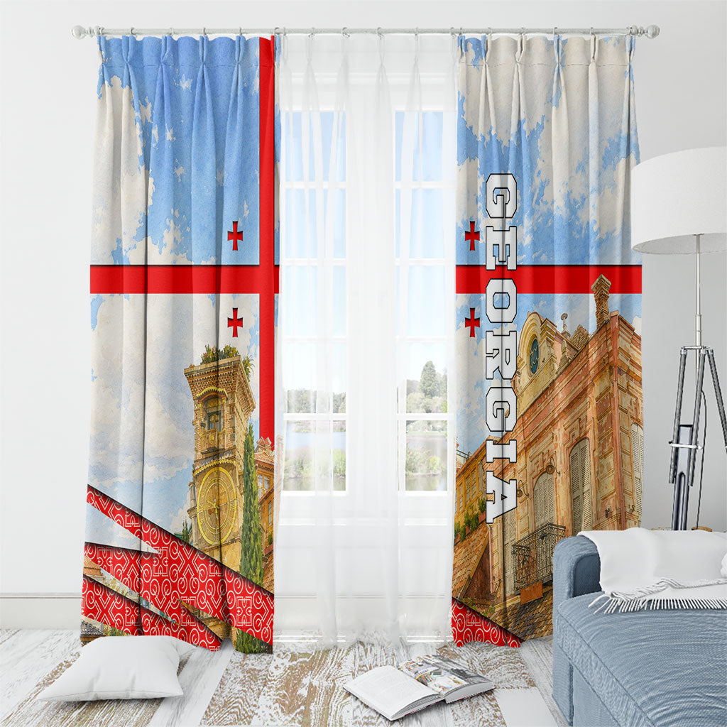 Georgia National Flag Window Curtain Tbilisi Clock Tower Heritage Sky Art