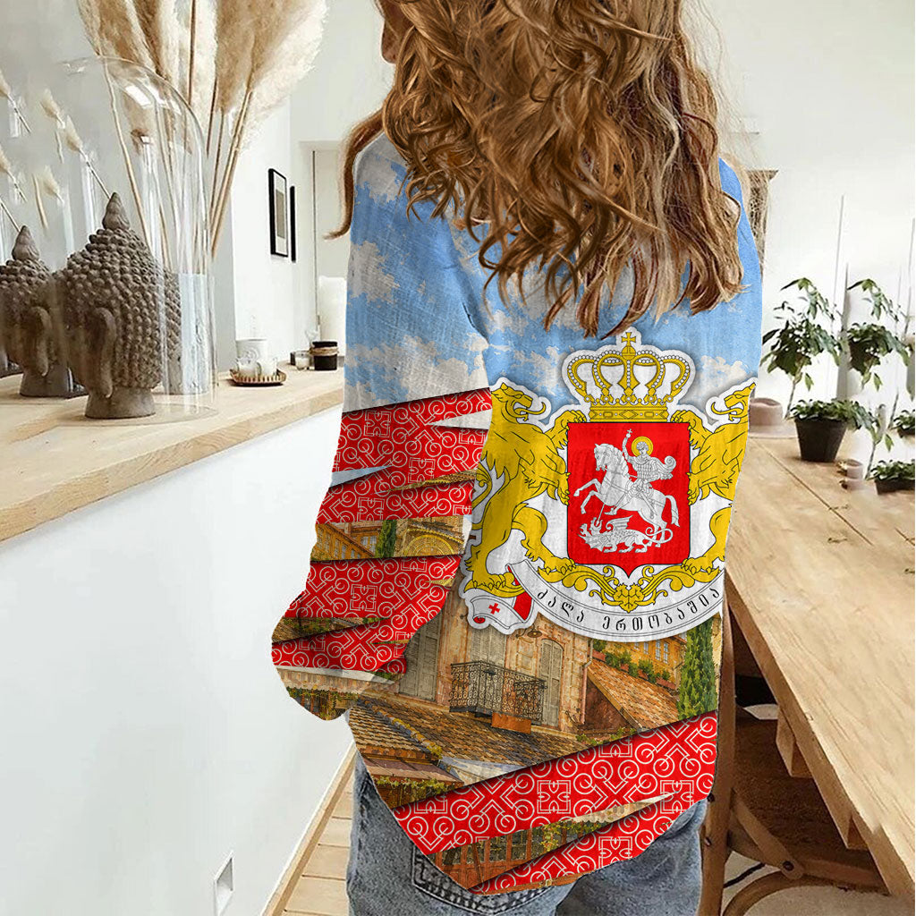 Georgia National Flag Women Casual Shirt Tbilisi Clock Tower Heritage Sky Art