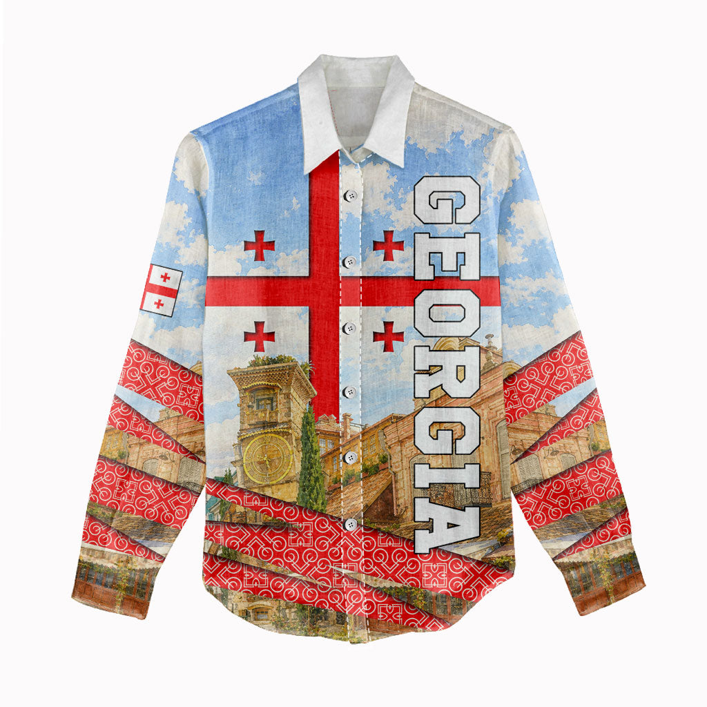 Georgia National Flag Women Casual Shirt Tbilisi Clock Tower Heritage Sky Art