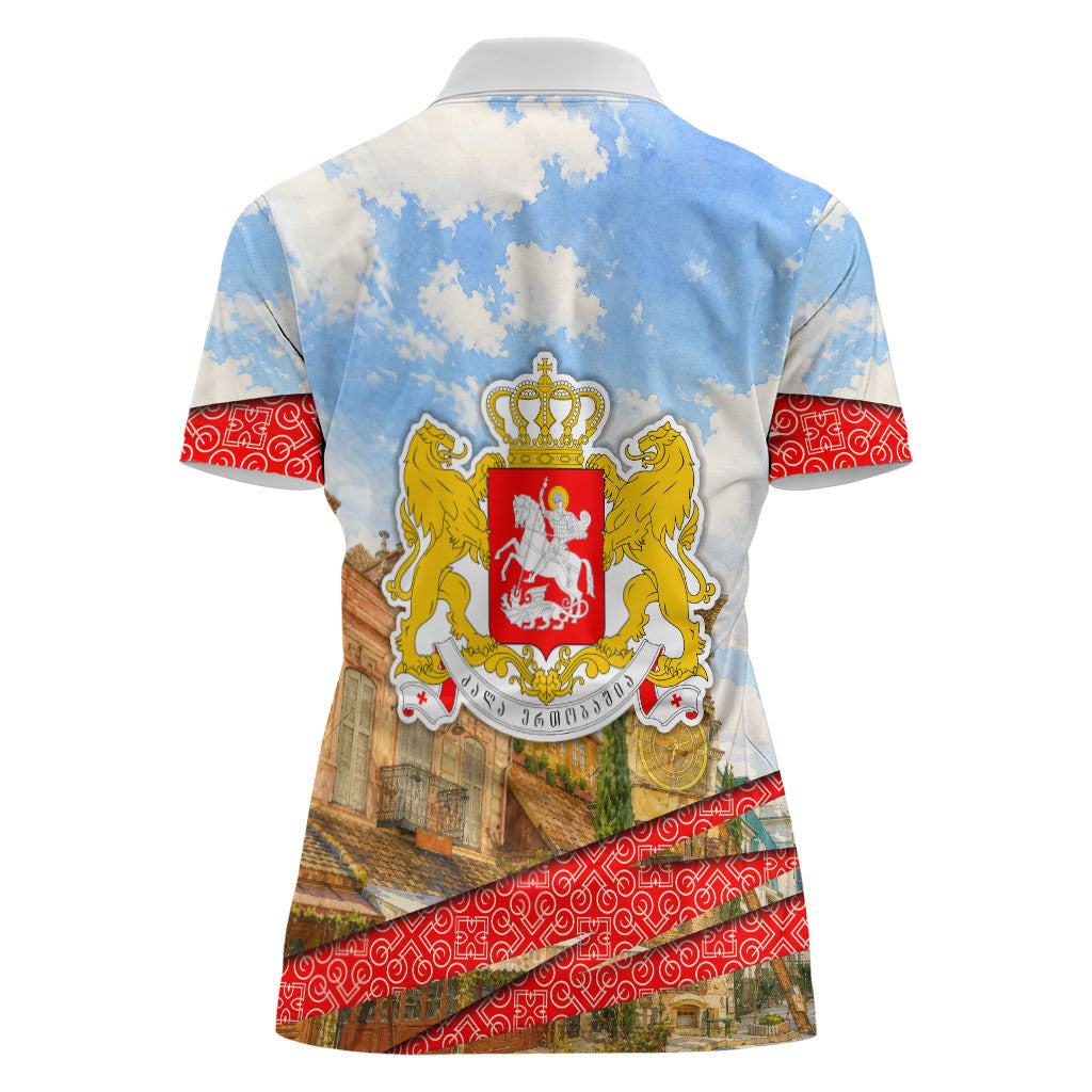 Georgia National Flag Women Polo Shirt Tbilisi Clock Tower Heritage Sky Art