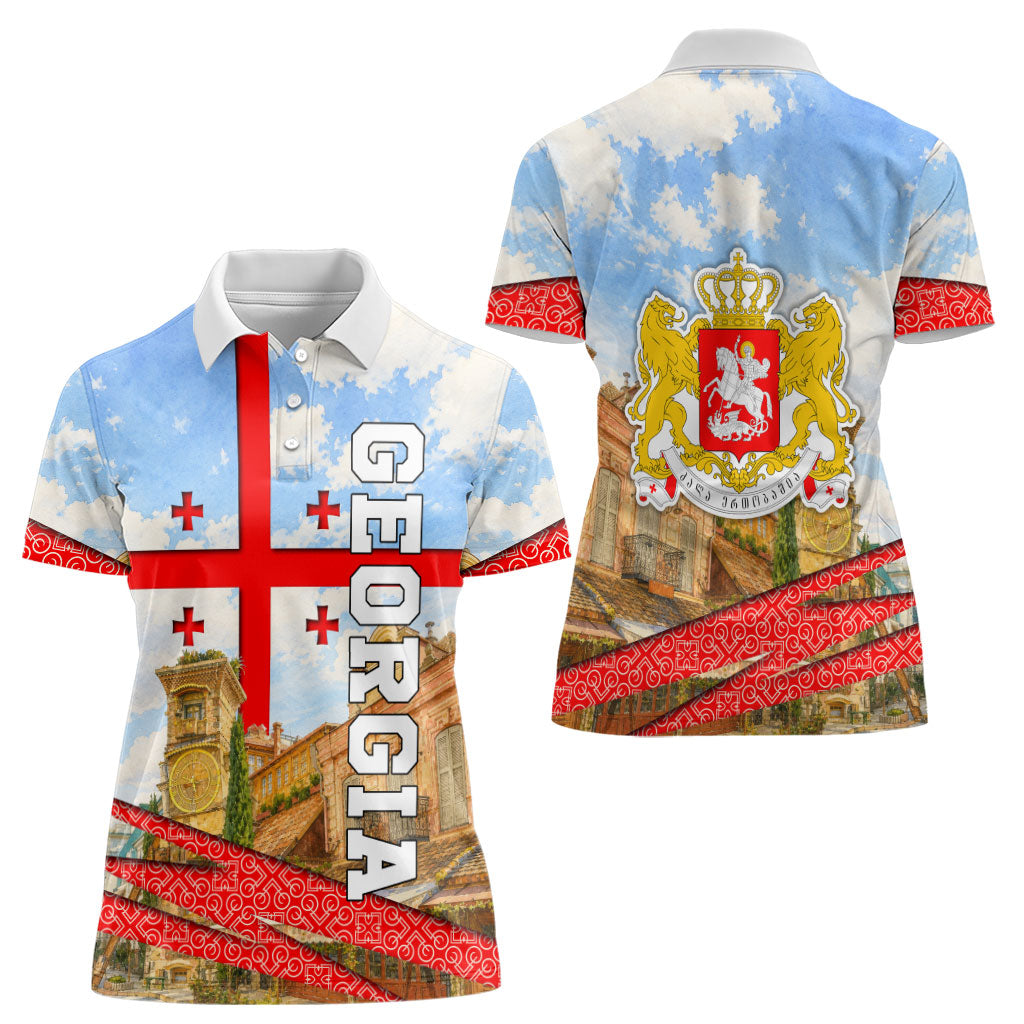 Georgia National Flag Women Polo Shirt Tbilisi Clock Tower Heritage Sky Art