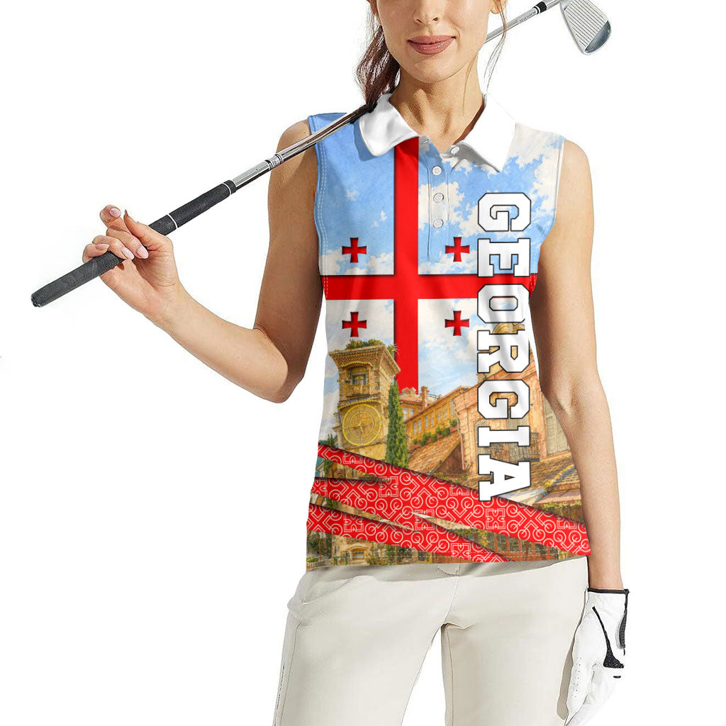 Georgia National Flag Women Sleeveless Polo Shirt Tbilisi Clock Tower Heritage Sky Art