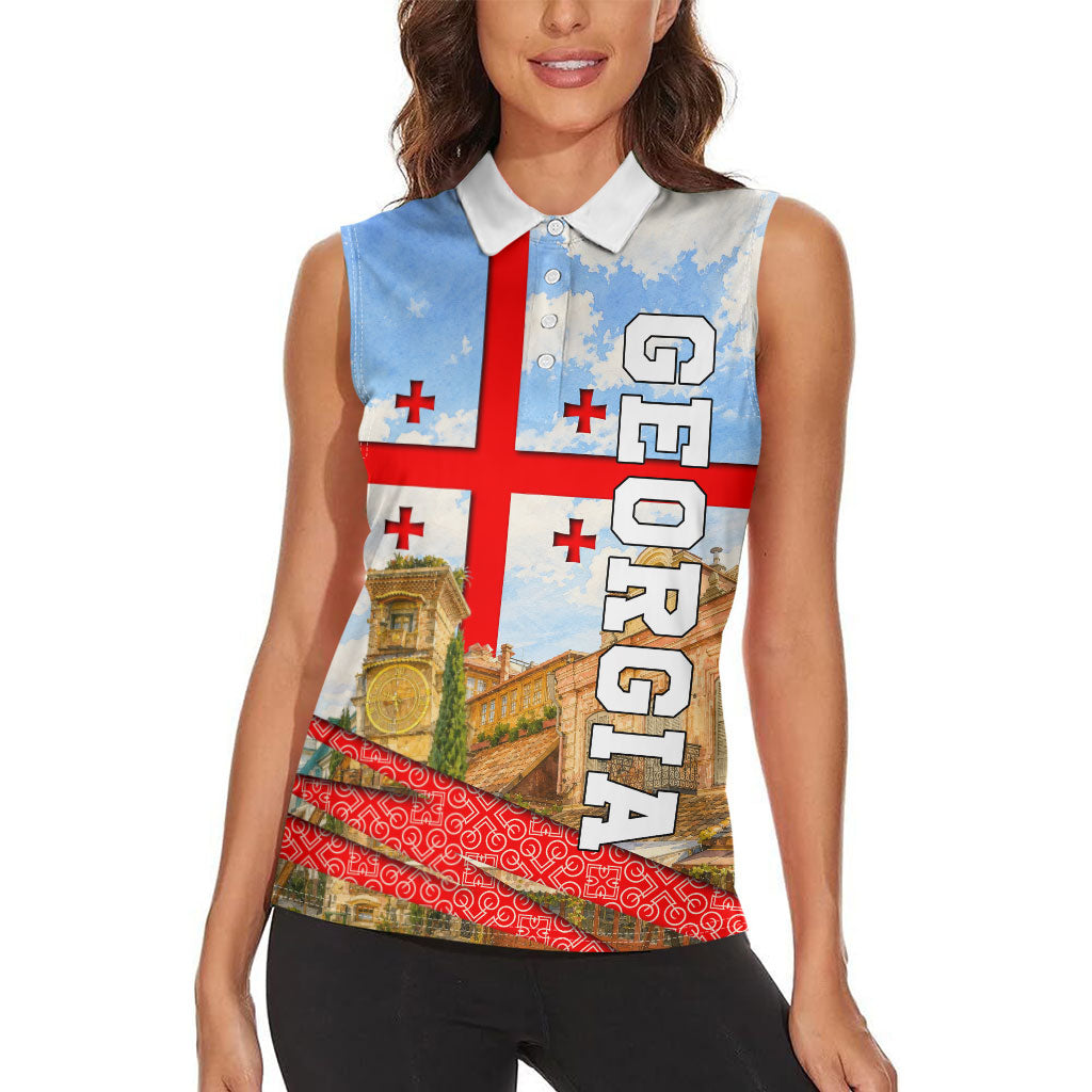 Georgia National Flag Women Sleeveless Polo Shirt Tbilisi Clock Tower Heritage Sky Art