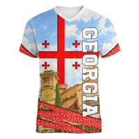 Georgia National Flag Women V-Neck T-Shirt Tbilisi Clock Tower Heritage Sky Art